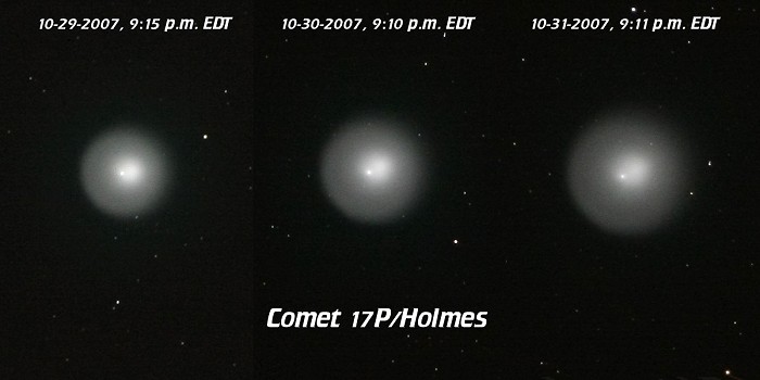 [Comet Holmes, October 29, 30, and 31 compaired]