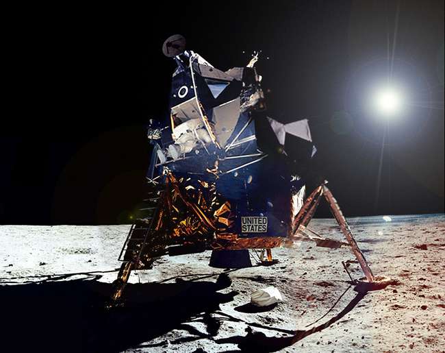 Panorama of Aldrin exiting Lunar Module
